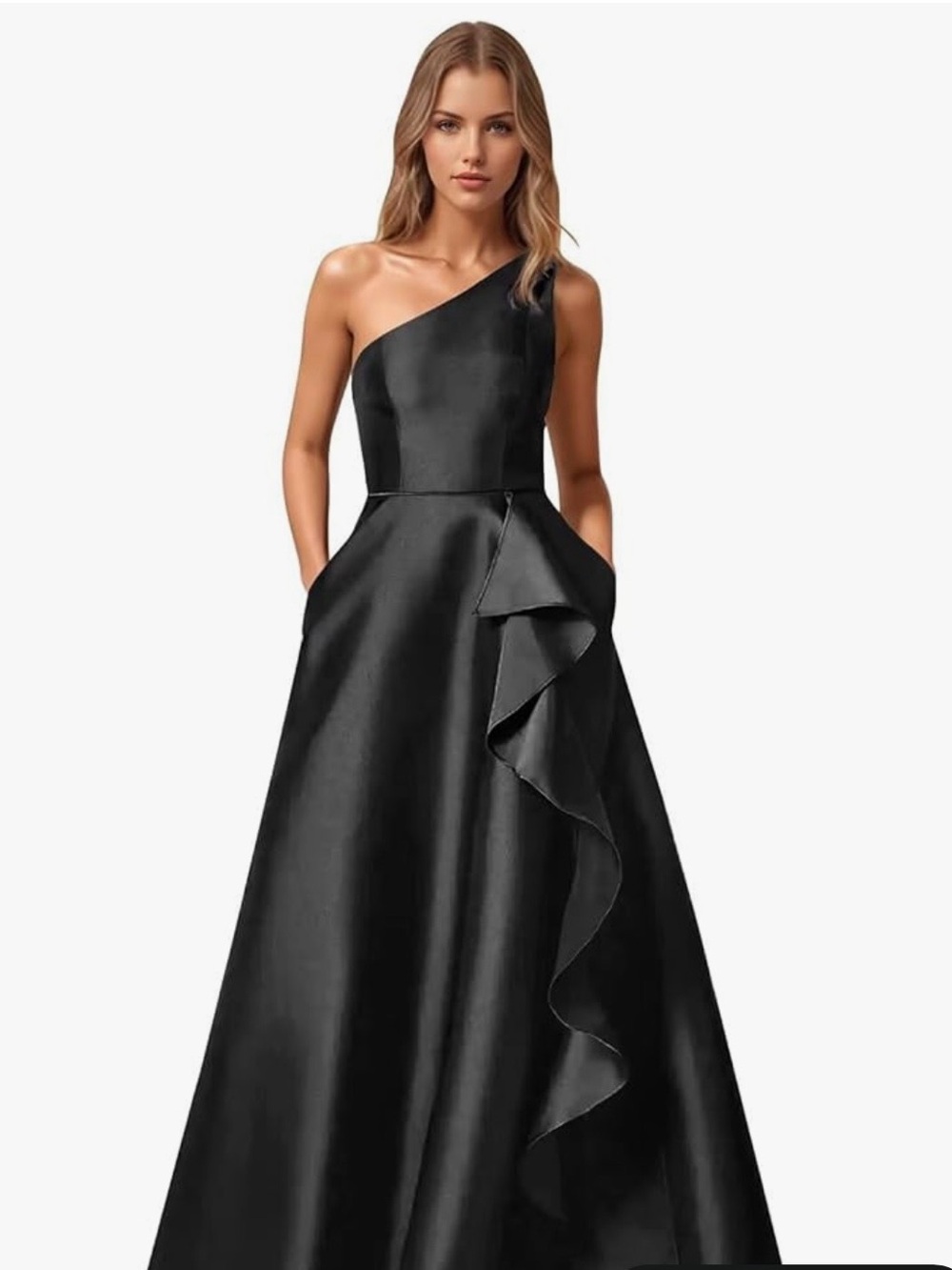 One-Shoulder Black Satin Evening Gown